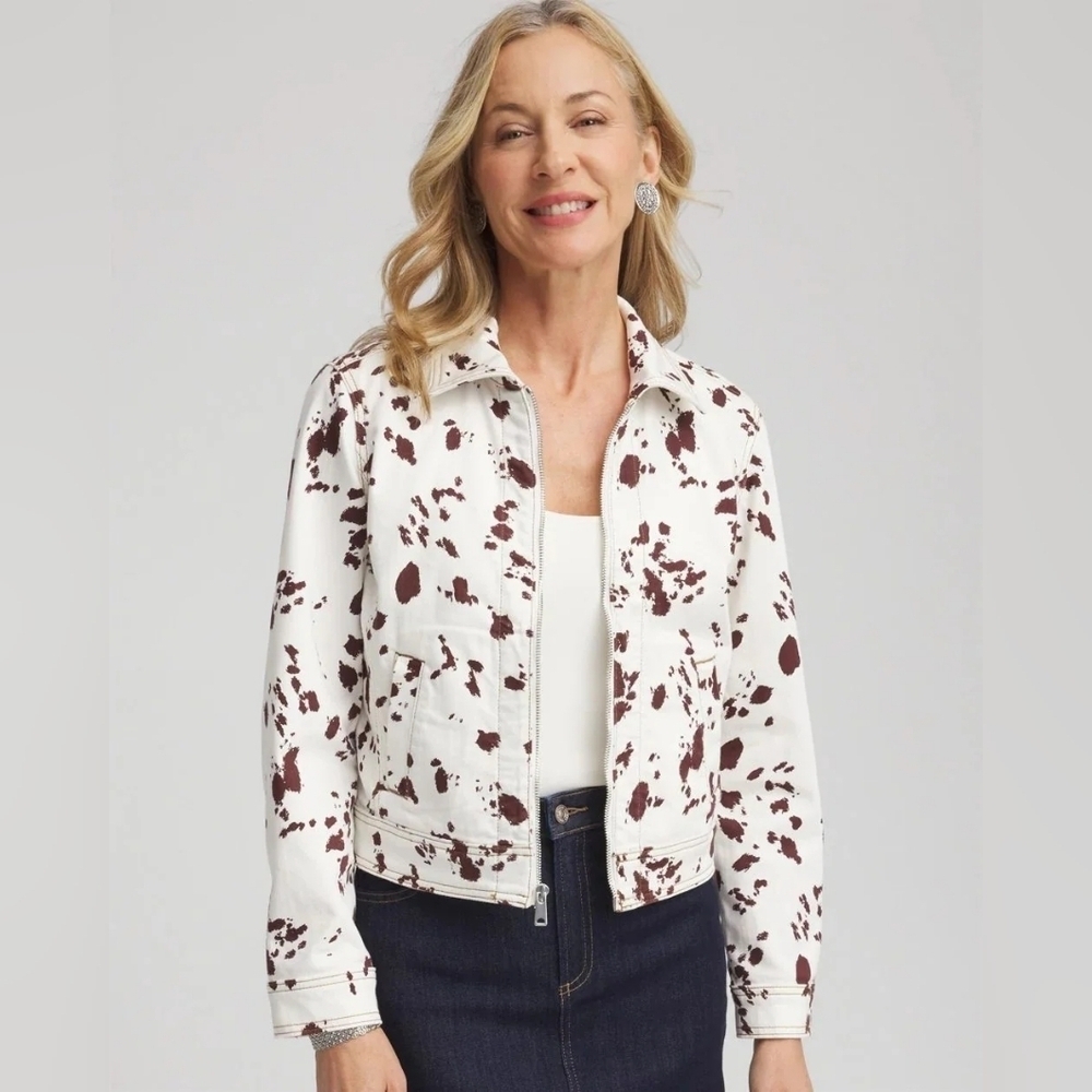 Chico's NWT Pampas Pony Denim Jacket White Brown Western 4/XXL